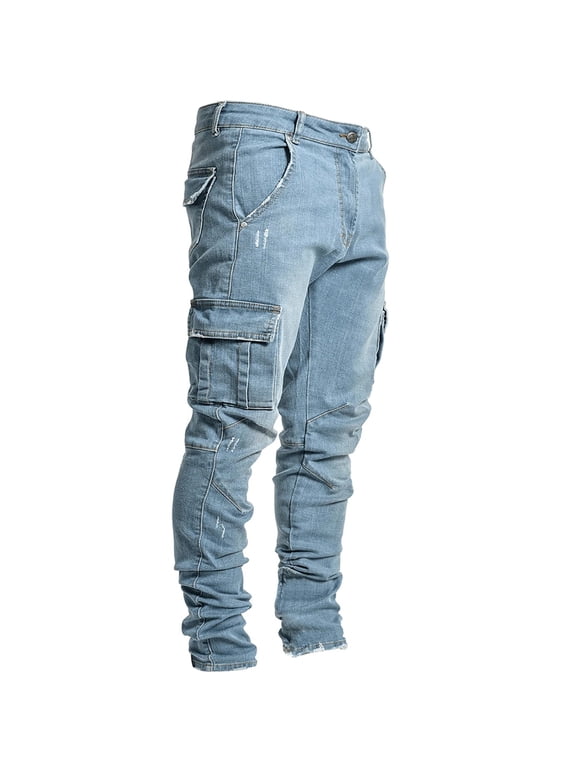 Mens Skinny Fit Jeans Cargo Denim Pants Classic Trousers Basic Heavy Duty Work Jean Stretchable Pant Combat Trouser with Multi Pockets Jogger Casual Wear
