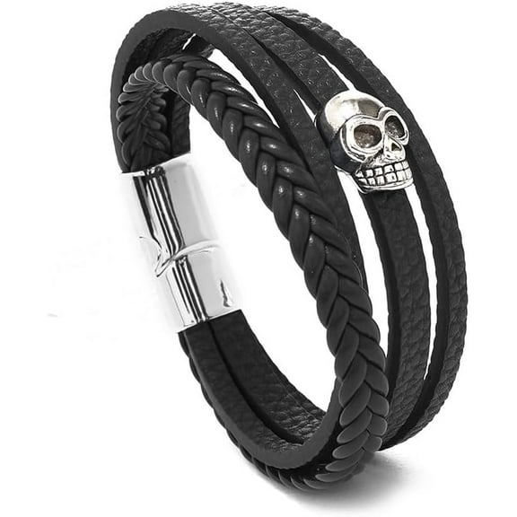 Mens Skull Bracelet Multi-Layer Braided Leather Skeleton Bracelet Bangle Wristband Gothic Punk Jewelry Gift for Men Boys, 8.3 Inch