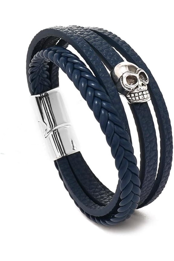 Mens Skull Bracelet Multi-Layer Braided Leather Skeleton Bracelet Bangle Wristband Gothic Punk Jewelry Gift for Men Boys, 8.3 Inch