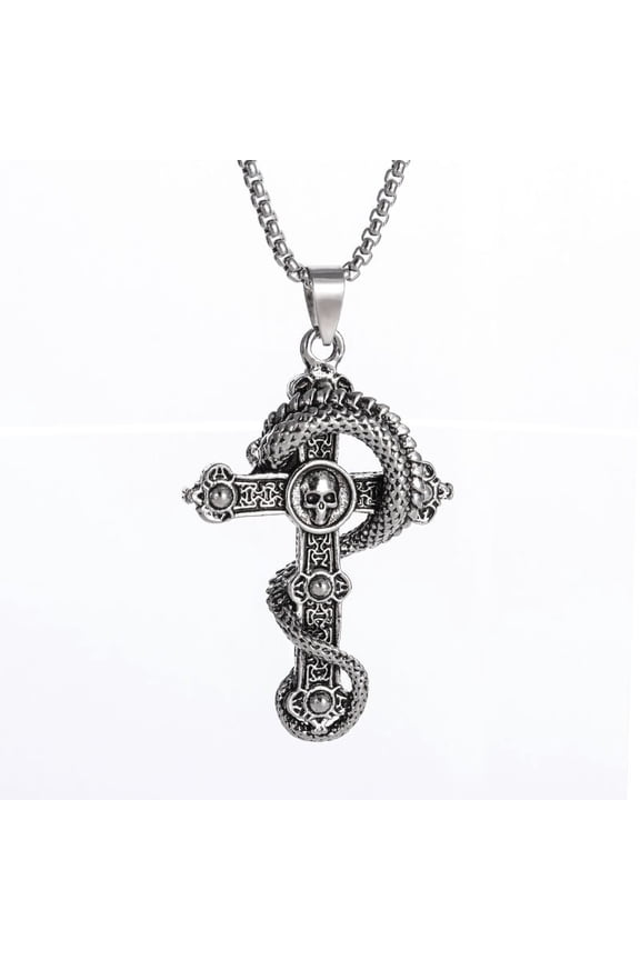 Mens Skull Dragon Pendant Necklace for Men Silver Cool Goth Accessory Jewelry with Stainless Steel Chain