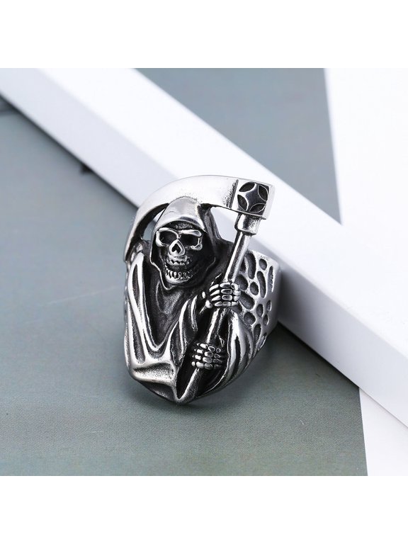 Mens Skull Ring Death Sickle Ring Exaggerated European American Ring Personalized Retro Titan Steel Alloy Ring