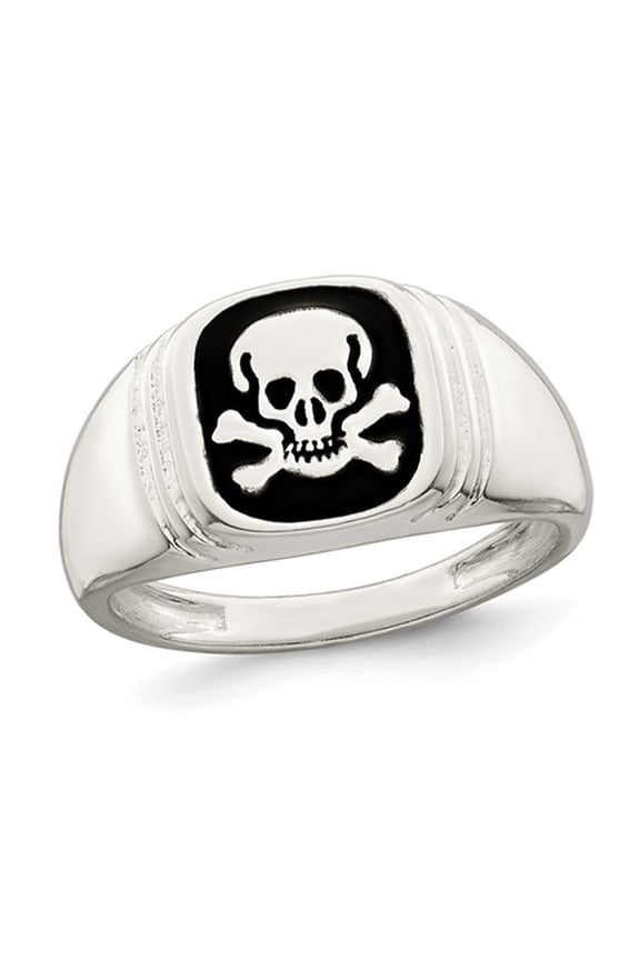 Mens Skull and Crossbones Ring in Sterling Silver with Black Enamel for Men