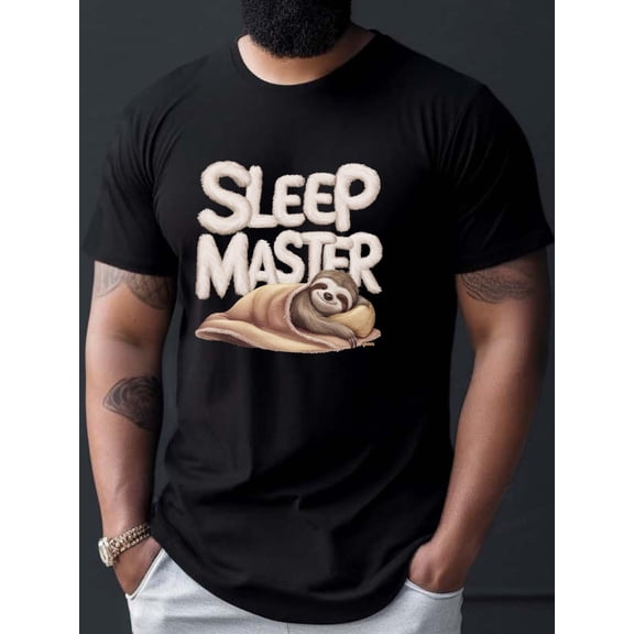 Mens Sleep Master Sloth Graphic T-Shirt - Soft Cotton, Casual Short Sleeve Crew Neck, Machine Washable, Playful Sleeping Sloth Design, Perfect for Summer or Lounging