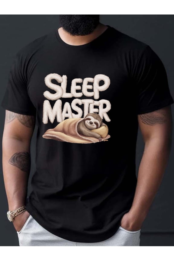 Mens Sleep Master Sloth Graphic T-Shirt - Soft Cotton, Casual Short Sleeve Crew Neck, Machine Washable, Playful Sleeping Sloth Design, Perfect for Summer or Lounging