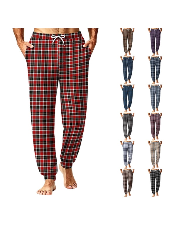 Mens Sleep Pants Lightweight Loungewear Plaid Pajama Pants with Pockets Big and Tall Drawstring Jogger Bottoms