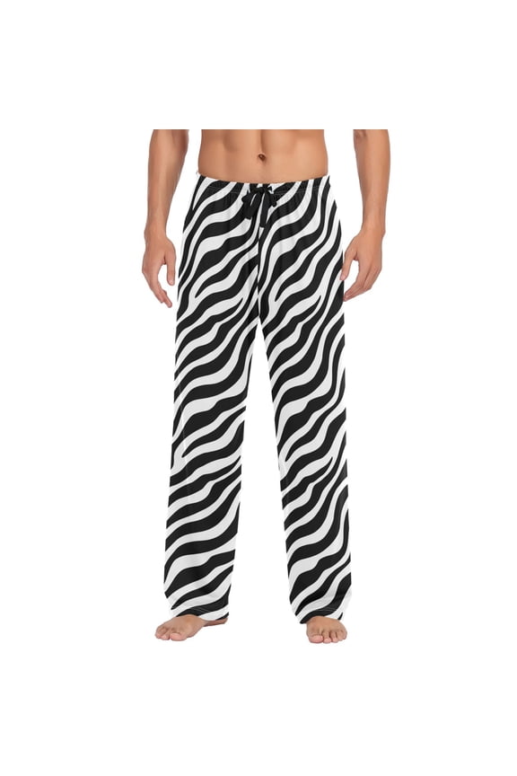 Mens Sleep Pants with Pocket Drawstring Soft Lounge Pajama Bottoms Black Zebra Stripes Pattern Large