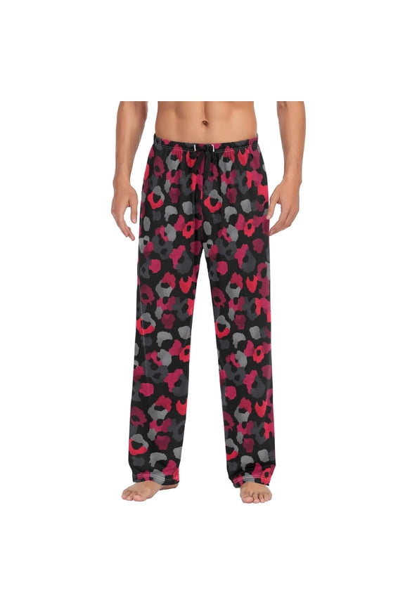 Mens Sleep Pants with Pocket Drawstring Soft Lounge Pajama Bottoms Black and Red Leopard Print Small