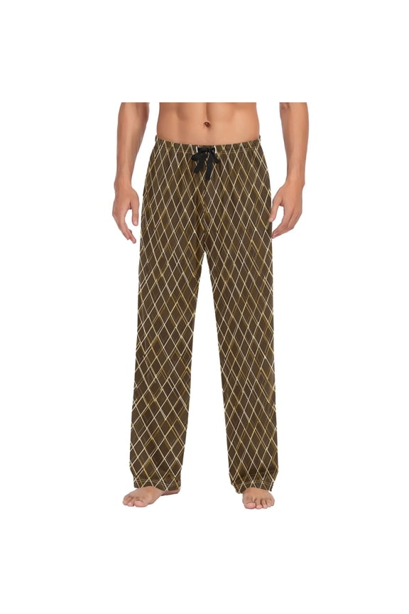 Mens Sleep Pants with Pocket Drawstring Soft Lounge Pajama Bottoms Brown and Gold Argyle Pattern Medium