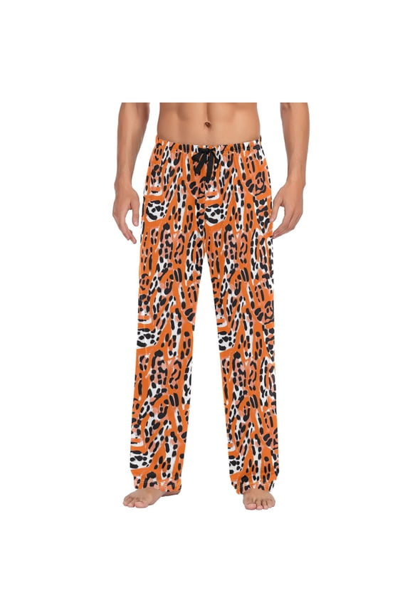 Mens Sleep Pants with Pocket Drawstring Soft Lounge Pajama Bottoms Orange Leopard Print Medium