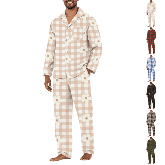 Mens Sleep Pjs 2 Piece Set Soft Milk Silk Brushed Long Sleeve Plaid Shirt Loose Fit Lounge Pants Classic Home Sleepwear with Chest Pocket White XL