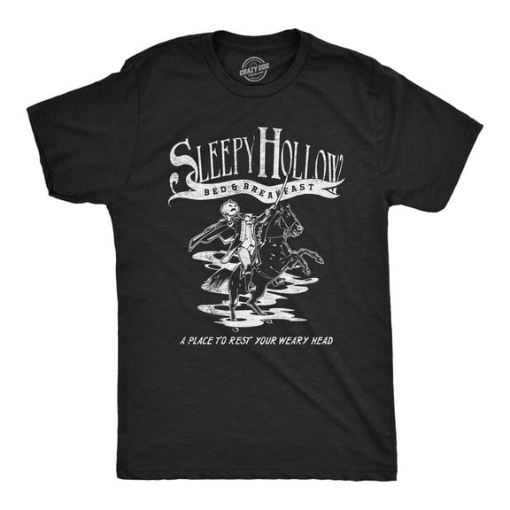 Mens Sleepy Hollow Bed and Breakfast T Shirt Funny Halloween Spooky Hotel Inn Joke Tee for Guys Graphic Tees