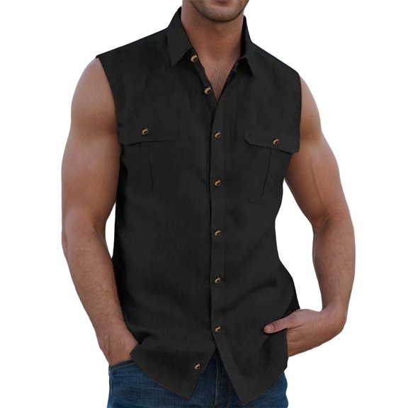 Mens Sleeveless Button Down Beach Shirts Lapel Polo Slim Fit Muscle Tank Shirt Summer Beach Vest Tank Top with Pockets