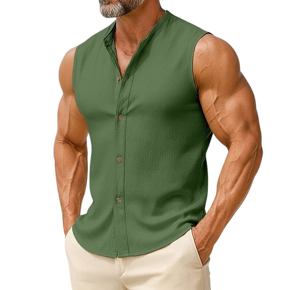 Mens Sleeveless Button Down Shirts Linen Cotton Summer Beach Basic Tank T-Shirt Tops