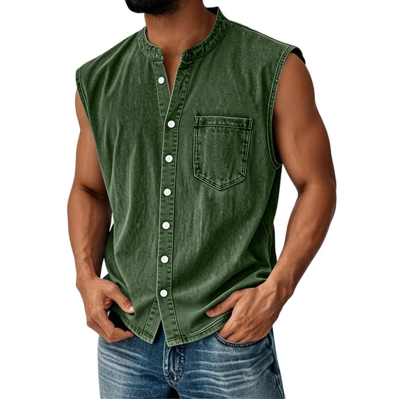 Mens Sleeveless Button Down Shirts Summer V Neck Washed Muscle Tank Tops Beach Basic T-Shirt Relaxed Fit Vest with Pockets,Army Green,3XL