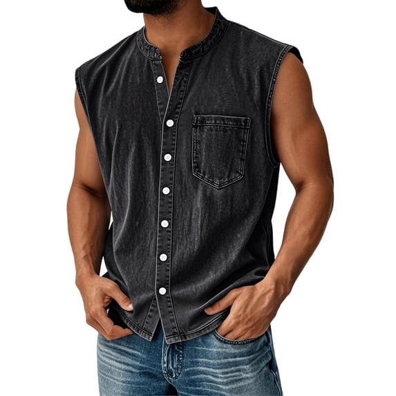 Mens Sleeveless Button Down Shirts Summer V Neck Washed Muscle Tank Tops Beach Basic T-Shirt Relaxed Fit Vest with Pockets,Black,XXL