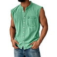 thumbnail image 1 of Mens Sleeveless Button Down Shirts Summer V Neck Washed Muscle Tank Tops Beach Basic T-Shirt Relaxed Fit Vest with Pockets,Green,XL, 1 of 6