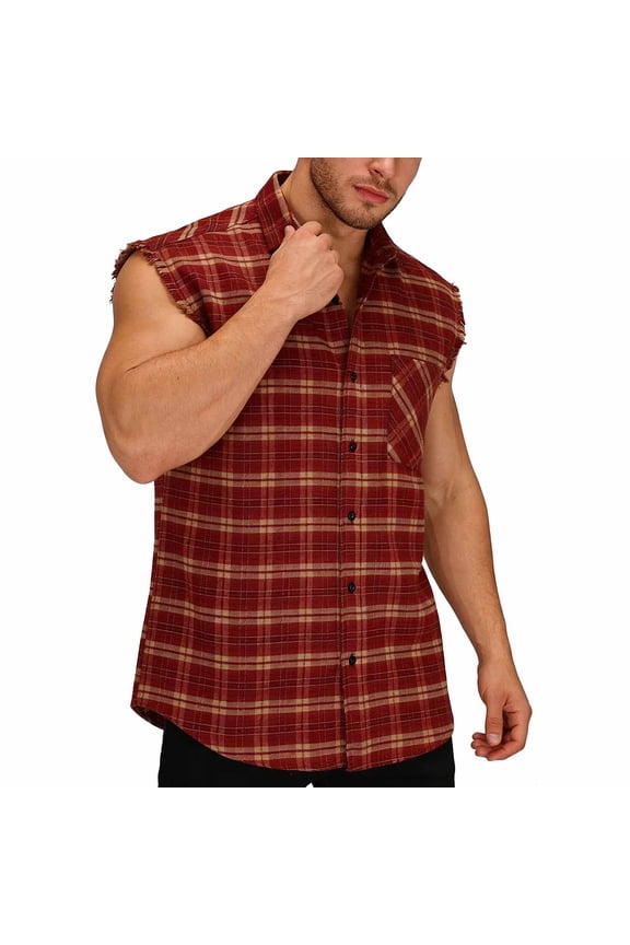 Mens Sleeveless Button Down Shirts Plaid Muscle Cut Off Tank Casual Regular Fit Collared Workout Tops with Pocket, Summer Beach Shirt Rugged Frayed Hem Untucked Fitness Bodybuilding Top