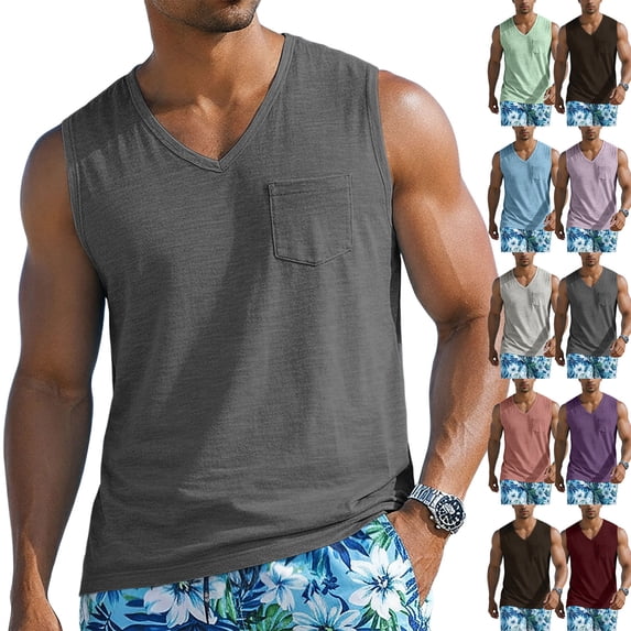 Mens Sleeveless Cotton Tank Tops Workout Cut Off Solid Color Muscle Shirts Gym Casual Beach Summer Tee with Pocket, M
