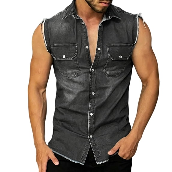 Mens Sleeveless Denim Shirt Collared Button Up Shirt with Pockets Slim Fit Work Tops
