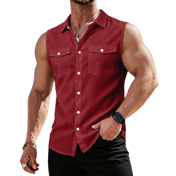 Mens Sleeveless Durable Button Down Shirts with Two Chest Pockets 3XL