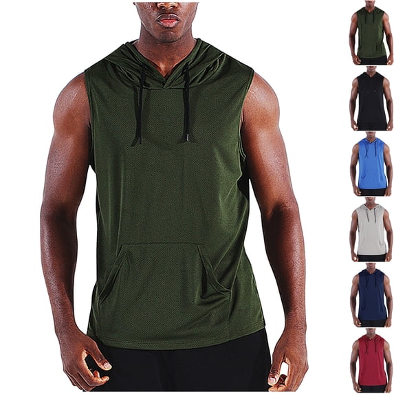 Mens Sleeveless Hooded T-Shirts Muscle Tank Tops Workout Mesh Quick Dry Athletic Training Shirts Summer Casual Bodybuilding Tee with Kangaroo Pocket