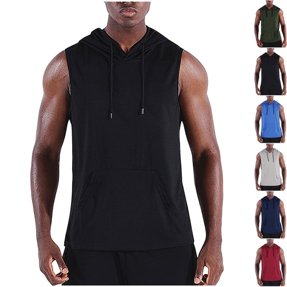Mens Sleeveless Hooded T-Shirts Muscle Tank Tops Workout Mesh Quick Dry Athletic Training Shirts Summer Casual Bodybuilding Tee with Kangaroo Pocket