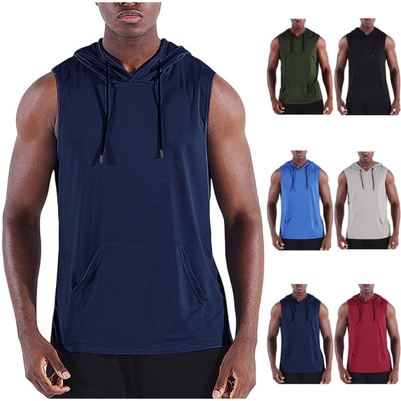 Mens Sleeveless Hooded T-Shirts Muscle Tank Tops Workout Mesh Quick Dry Athletic Training Shirts Summer Casual Bodybuilding Tee with Kangaroo Pocket