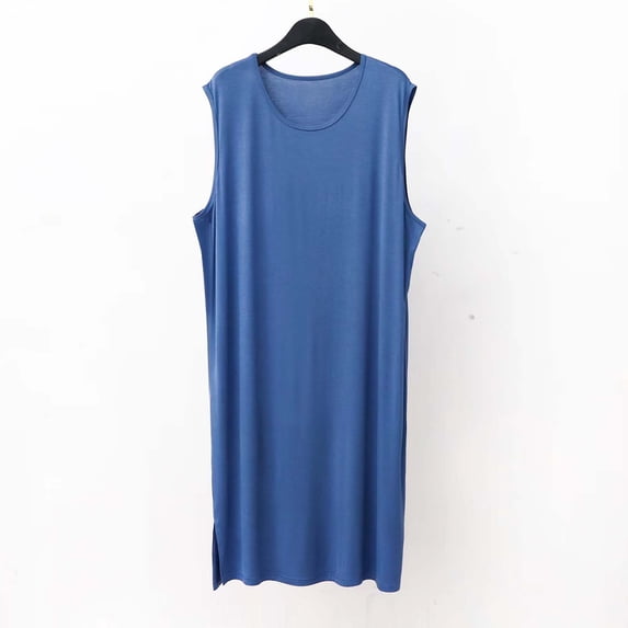 Mens Sleeveless Pajama Tank Tops Lightweight Crewneck Sleepshirts Casual Solid Color Loose Pullover Side Slit Knee Length Loungewear Homewear Robes