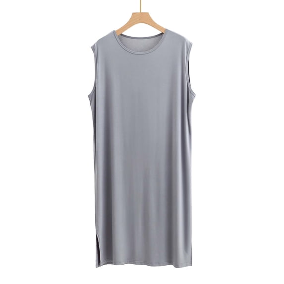 Mens Sleeveless Pajama Tank Tops Lightweight Crewneck Sleepshirts Casual Solid Color Loose Pullover Side Slit Knee Length Loungewear Homewear Robes