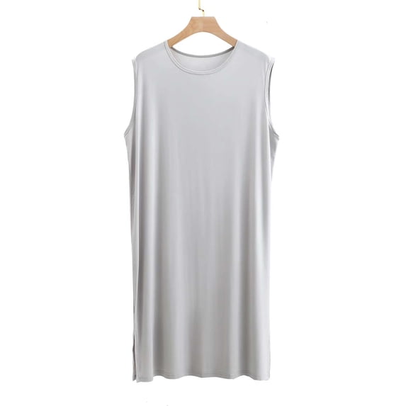 Mens Sleeveless Pajama Tank Tops Lightweight Crewneck Sleepshirts Casual Solid Color Loose Pullover Side Slit Knee Length Loungewear Homewear Robes