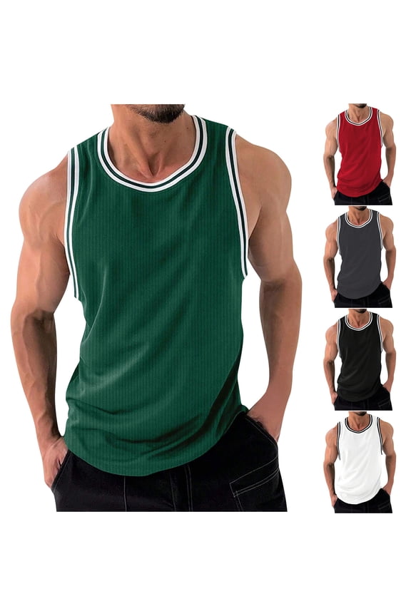 Mens Sleeveless Ribbed Muscle Tank Tops Workout Tees Athletic Bodybuilding Shirts Crew Neck Contrast Striped Basketball Jersey Summer Training Father's Day Gift