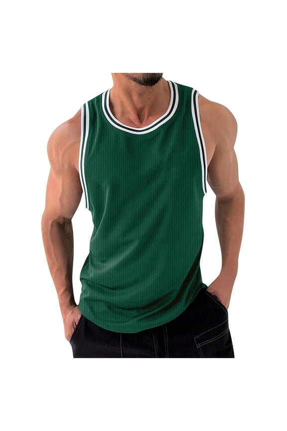 Mens Sleeveless Ribbed Muscle Tank Tops Workout Tees Athletic Bodybuilding Shirts Crew Neck Contrast Striped Basketball Jersey Summer Training Father's Day Gift