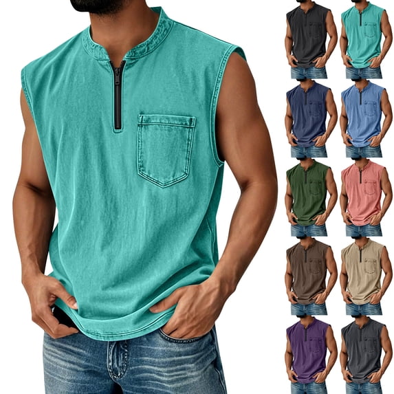 Mens Sleeveless Shirt Quarter Zip Muscle Tank Top Washed Vintage Shirts Chest Pocket Casual Retro Summer Top, M