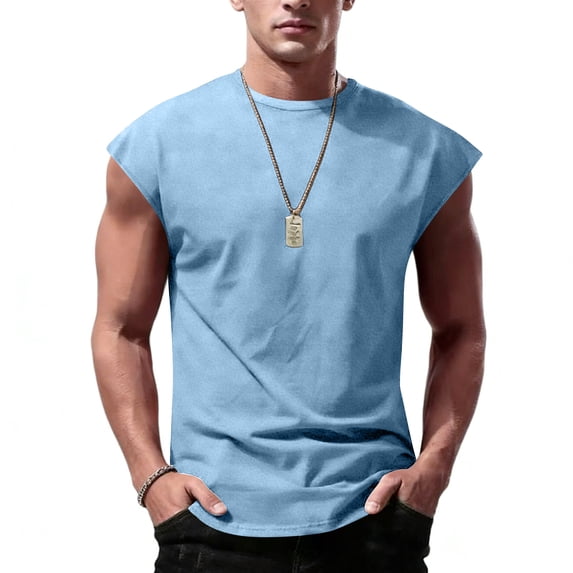 Mens Sleeveless Shirts Cotton Workout Tank Tops Cut Off Shirts Gym Muscle Loose Fit Tee Blue 2XL