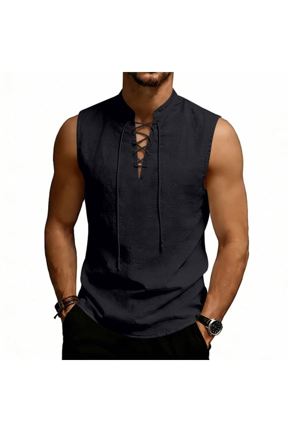 Mens Sleeveless Shirts Men's Breathable Summer Sleeveless Muscle Shirt Relaxed Fit Pull String Design Tank Black XXL