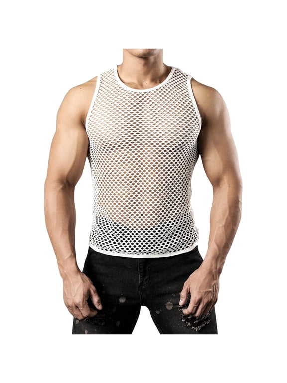 Mens Sleeveless Shirts,Men's Fishnet Mesh Tank Top Sleeveless Sheer Shirt Gym Workout Fitted Muscle Top Undershirt