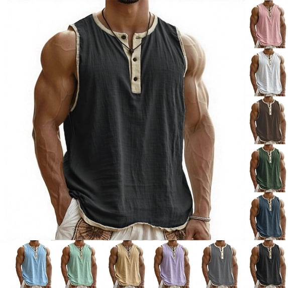 Mens Sleeveless Shirts, Men's Vintage Breathable Sleeveless Henley Three-Button T-Shirt Dark Gray 3XL