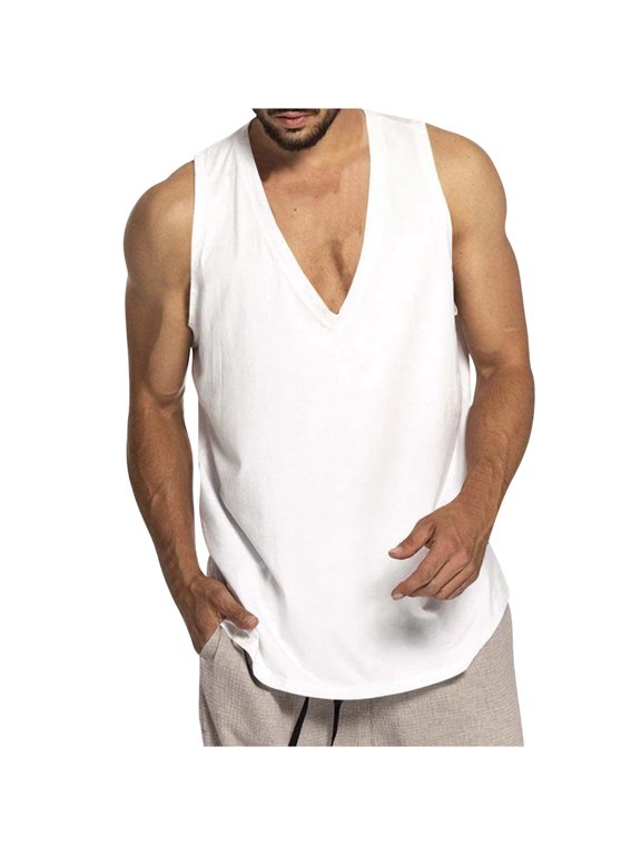 Mens Sleeveless Shirts,Mens Deep V Neck Stretch Gym Cotton Tank Solid Workout V-Neck Male Tanks Muscle Sleeveless Low Cut Tee