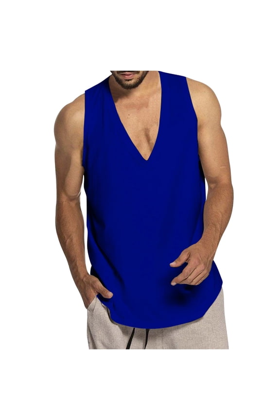 Mens Sleeveless Shirts,Mens Deep V Neck Stretch Gym Cotton Tank Solid Workout V-Neck Male Tanks Muscle Sleeveless Low Cut Tee