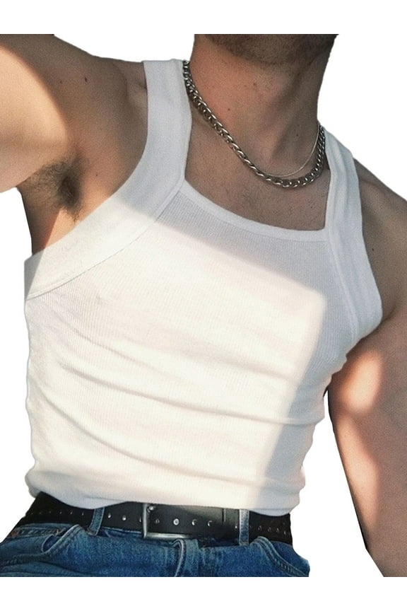 Mens Sleeveless Square Neck Slim Vest Sweat Outfit White Tank Tops