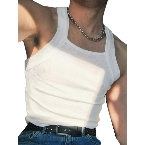Mens Sleeveless Square Neck Slim Vest Sweat Outfit White Tank Tops
