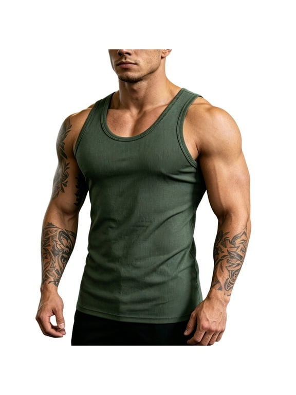 Mens Sleeveless Stringer Tank Tops Workout Muscle Gym Ribbed Shirt Athletic Bodybuilding Moisture Wicking T Shirts Green