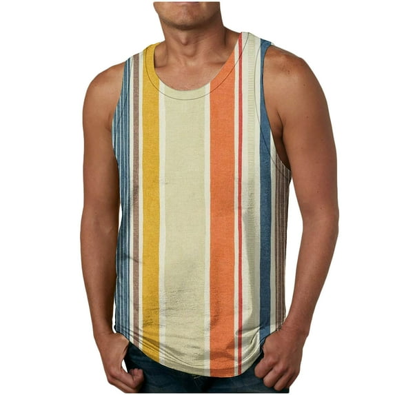 Mens Sleeveless T-Shirts Color Stripes Crew Neck Pull-On Tank Tops Relaxed Fit Athletic Running Gym Muscle Beach Tee Shirts