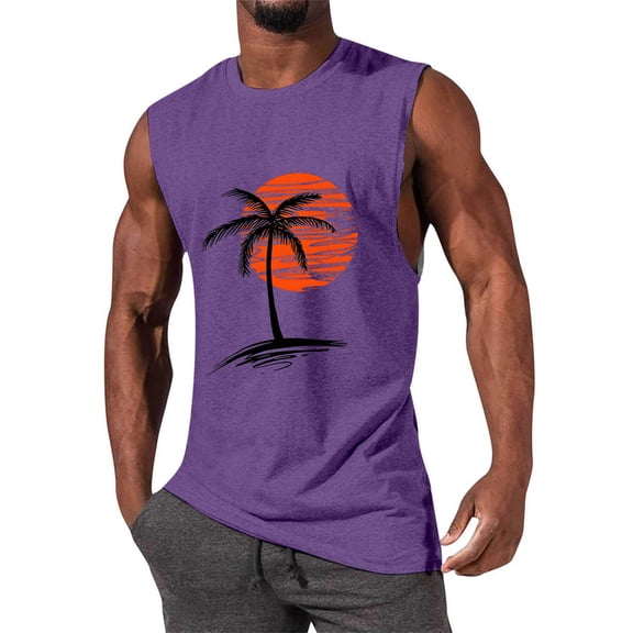 Mens Sleeveless Tank Tops Tropical Palm Tree Sunset Graphic Vintage Hawaiian Summer Beach T Shirts Summer Bodybuilding Tank Top Muscle Tee Vacation Shirts