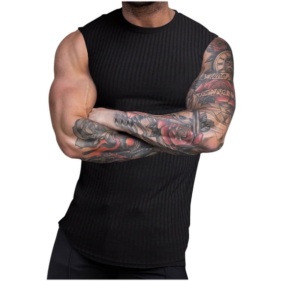 Mens Sleeveless Tank Tops Workout Muscle Gym Ribbed Shirt Athletic Bodybuilding Moisture Wicking T Shirts Size M-3XL Black