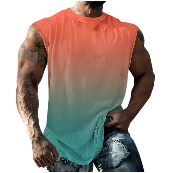 Mens Sleeveless Tank Tops Workout Muscle Gym T Shirts Crew Neck Gradient Tee Tops Big and Tall Size 5XL Orange