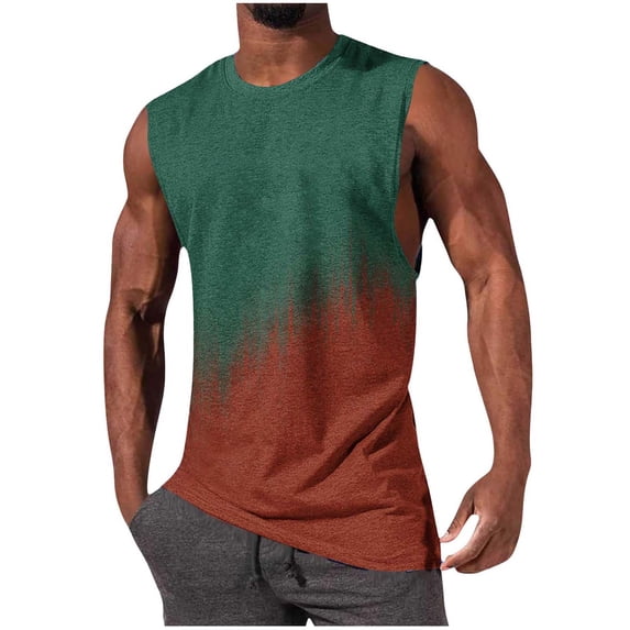 Mens Sleeveless Tank Tops Workout Muscle Gym T Shirts Crew Neck Gradient Tee Tops Size 2XL Army Green