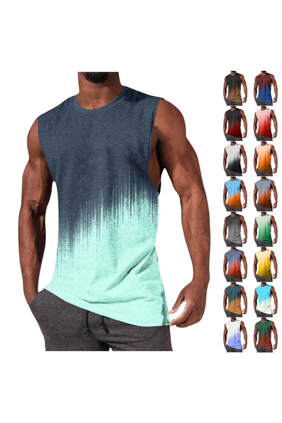 Mens Sleeveless Tank Tops Workout Muscle Gym T Shirts Crew Neck Gradient Tee Tops Size 2XL Yellow