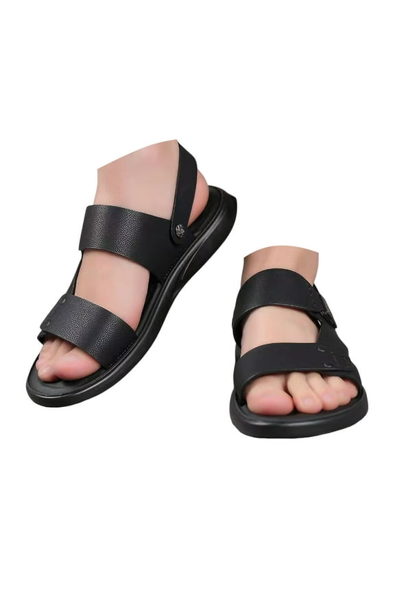 Mens Slides Sandals Black Casual Leather Walking Slip on Summer Shoes Beach Outdoor Work Slides for Men 2025