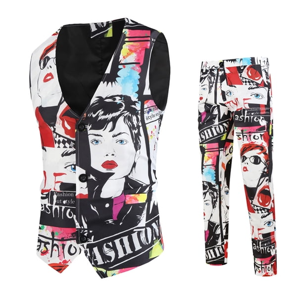 Mens Slim Fit 2 Piece Suit Light Business 3D Print One Button Rhombus Vest Pants Set Party Prom Tuxedo Suits